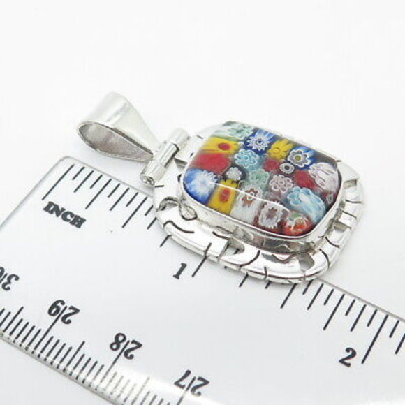 950 Silver Vintage Multi-Color Glass Floral Pendant - Picture 3 of 8